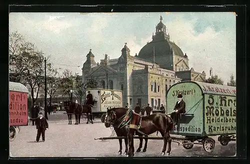 AK Frankfurt a. Main, Reklamekutschen am Gallustor vor dem Schauspielhaus