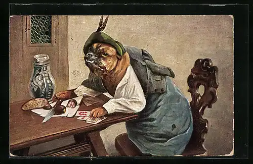 AK vermenschlichte Bulldogge sitzt am Tisch und nimmt eine Mahlzeit ein