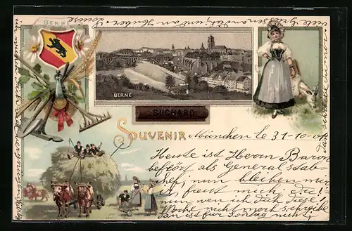 Lithographie Bern, Teilansicht, Frau in Tracht, Bauern mit einem Heuwagen und Wappen