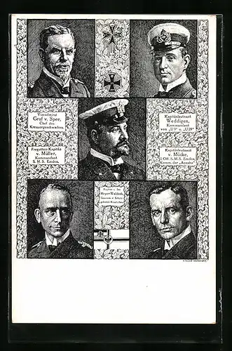 AK Vizeadmiral Graf v. Spee, Kapitänleutnant Weddigen, Kapitänleutnant v. Mücke, Fregatten-Kapitän v. Müller