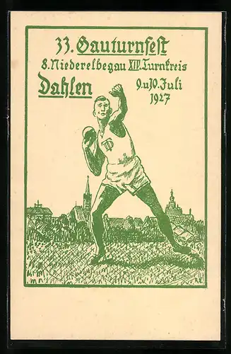 Künstler-AK Dahlen, 33. Gauturnfest, 8. Niederelbegau XIV. Turnkreis Dahlen, 9. und 10. Juli 1927, Kugelstosser