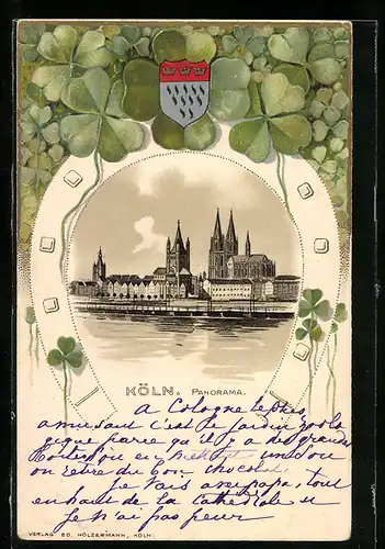 Passepartout-Lithographie Köln, Blick über den Rhein zum Dom, Wappen und Kleeblätter