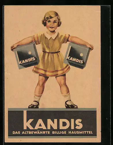 AK Reklame für Kandis, Kleines Mädchen stemmt Kandis-Päckchen, Zucker