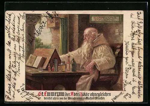 AK Alter Mönch mit Flaschen am Tisch, Reklame für St. Emmerau Abtei-Likör