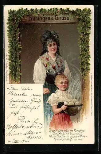 Künstler-AK Frau mit Tochter in thüringischer Tracht mit Klösen