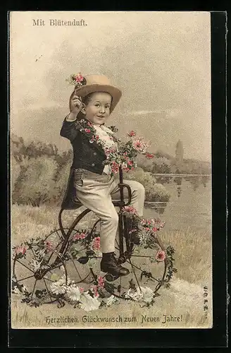 Duft-AK Kleiner Junge mit Blumen auf seinem Dreirad