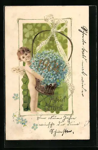 Präge-AK Engel mit einem Blumenkorb, Jahreszahl 1904