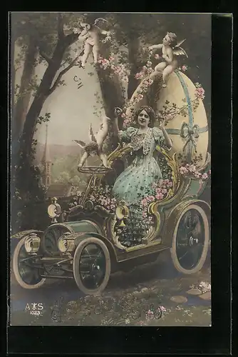 AK Dame mit riesigem Osterei im Auto, Amor am Steuer