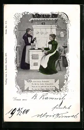 AK Zwei Frauen am Herd mit Kaffeemühle