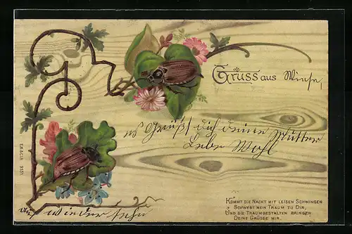 Holzbrand-Imitations-AK Zwei Maikäfer auf Blättern