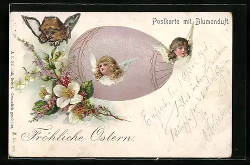 Lithographie Häupter von Osterengeln mit Ei und Blüten