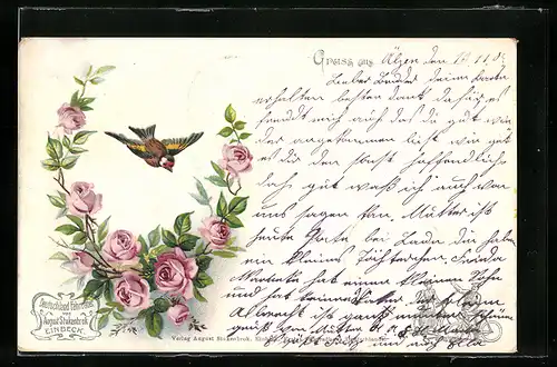 Lithographie Einbeck, Vogel fliegt über Rosen, Reklame für Deutschland-Fahrräder von August Stukenbrok