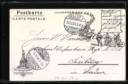 Lithographie Einbeck, Vogel fliegt über Rosen, Reklame für Deutschland-Fahrräder von August Stukenbrok