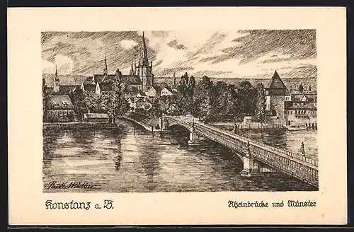 Künstler-AK Konstanz a. B., Rheinbrücke und Münster