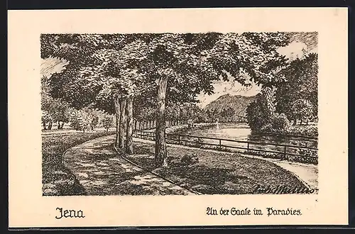 Künstler-AK Jena, An der Saale im Paradies