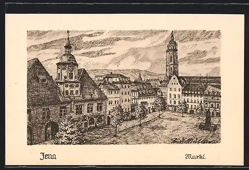 Künstler-AK Jena, Markt mit Rathaus