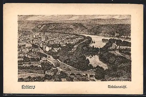 Künstler-AK Koblenz, Totalansicht der Stadt