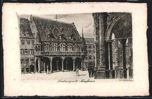 Künstler-AK Freiburg i. B., Ortspartie am Kaufhaus