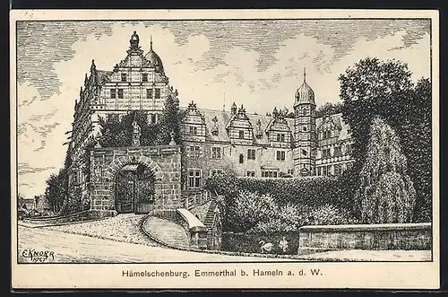 Künstler-AK Emmerthal, Blick zur Hamelschenburg