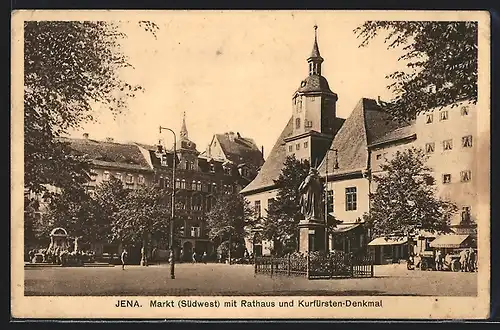 AK Jena, Markt -Südwestseite- mit Rathaus und Kurfürsten-Denkmal