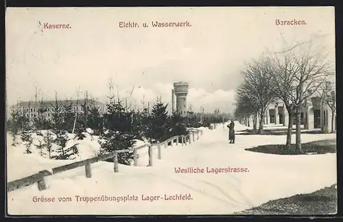 AK Lager Lechfeld, Westliche Lagerstrasse des Truppenübungsplatzes im Winter