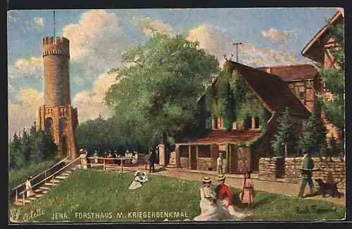 Künstler-AK Jena, Partie am Forsthaus mit Kriegerdenkmal