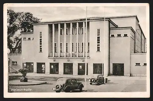 AK Weimar, Weimarhalle mit Automobilen