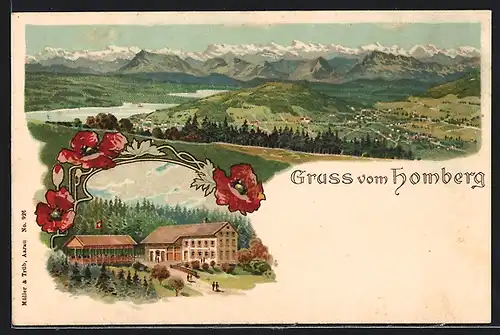 Lithographie Reinach, Hotel Homberg, Panorama mit Bergen