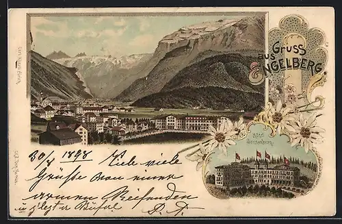 Lithographie Engelberg, Totalansicht, Hotel Sonnenberg