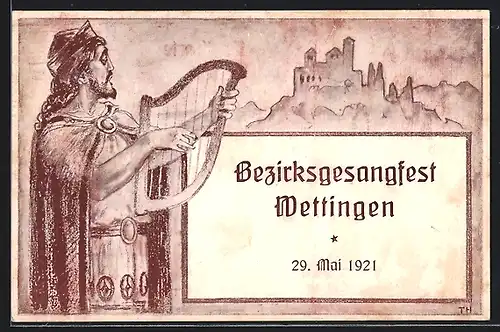 Künstler-AK Wettingen, Bezirksgesangfest 1921, Mann mit Harfe
