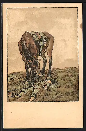 Künstler-AK H. Reger: Badische Kriegskarten, Ich hatt` einen Kameraden, Gefallener Reiter