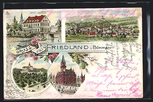 Lithographie Friedland i. Böhmen, Hotel Habsburg, Schloss, Rathaus, Ortsansicht
