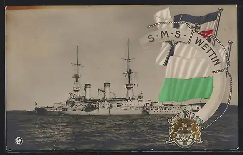 AK Kriegsschiff SMS Wettin auf See, Reichskriegsflagge