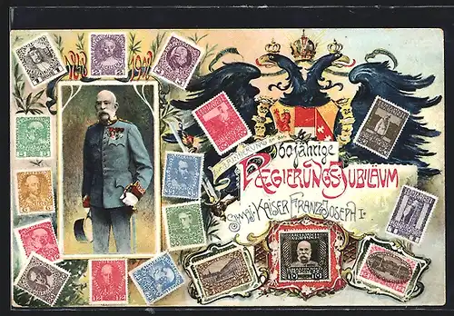 Künstler-AK Portrait von Kaiser Franz Josef I. von Österreich, Briefmarken, Wappen