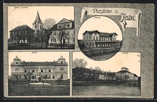 AK Hostivice, Partie u kostela, Skola, Zamek, Bahnhof