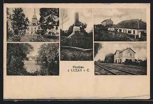 AK Luzany, Bahnhof, Kriegerdenkmal, Gebäudeansichten