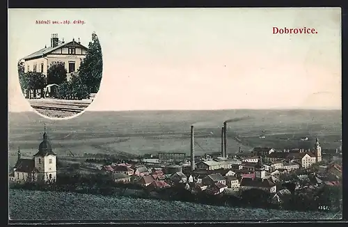 AK Dobrovice, Nadrazi / Bahnhof, Panorama Stadt