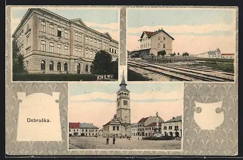 AK Dobruska, Bahnhof, Marktplatz, Denkmal und Rathaus