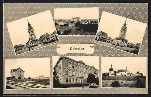 AK Dobruska, Bahnhof, Kirche, Ortspartie