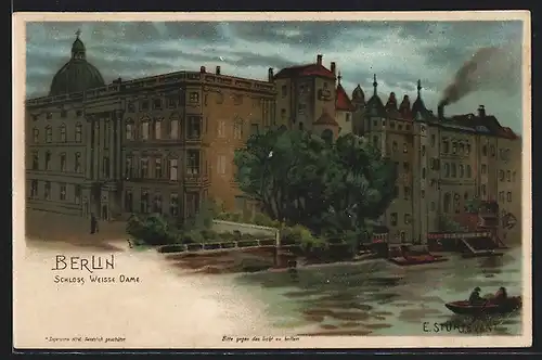 Lithographie Berlin, das Schloss, Halt gegen das Licht: Weisse Dame