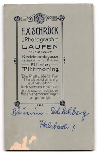 Fotografie F. X. Schröck, Laufen a. d. Salzach, Bezirksamtsgasse, Bäuerin Schlehberg aus Halsbach