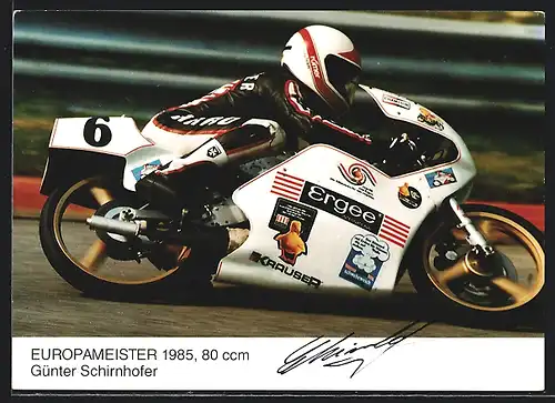 AK Motorrad Krauser 80ccm, Rennfahrer Günter Schirnhofer auf Rennmotorrad Startnummer 6, Original Autograph
