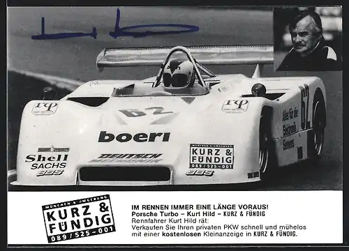 AK Auto Rennwagen Porsche 917 Startnummer 62, Rennfahrer Kurt Hild Original Autograph