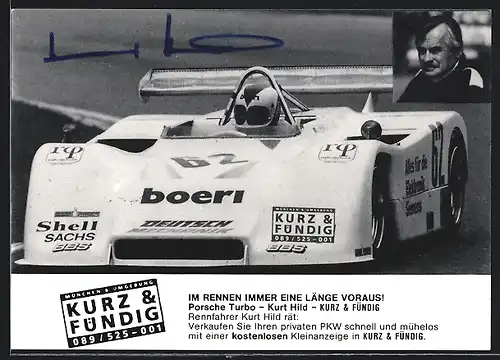 AK Auto Rennwagen Porsche 917 Startnummer 62, Rennfahrer Kurt Hild Original Autograph