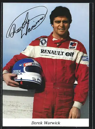 AK Auto-Rennfahrer Derek Warwick im Renault Formel 1 Werksteam, Stempel-Autograph