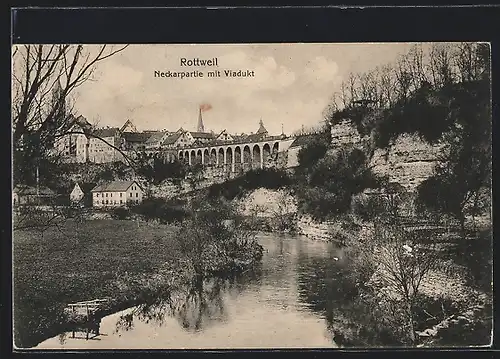 AK Rottweil, Neckarpartie mit Viadukt