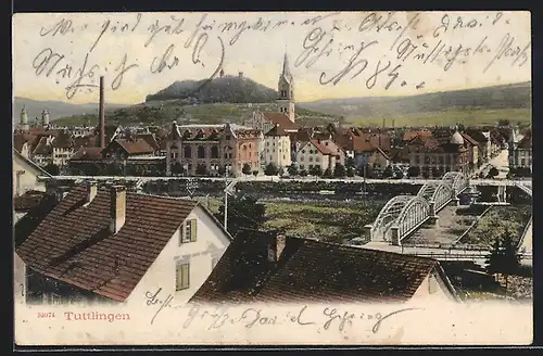 AK Tuttlingen, Blick in die Stadt mit Brücke und Kirche