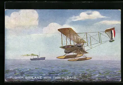Künstler-AK Pusher Biplane with twin floats, Wasserflugzeug