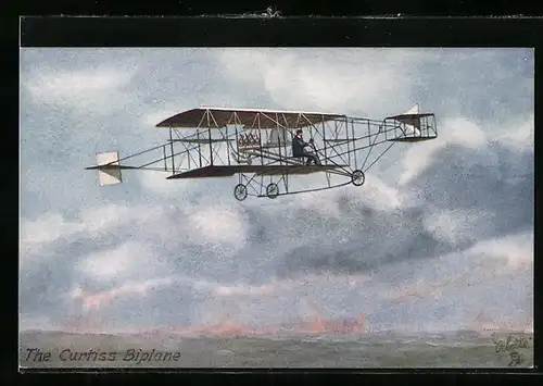 Künstler-AK The Curtiss Biplane in the Air