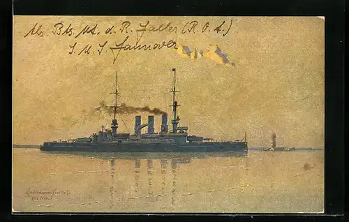 Künstler-AK S. M. S. Hannover mit Leuchtturm